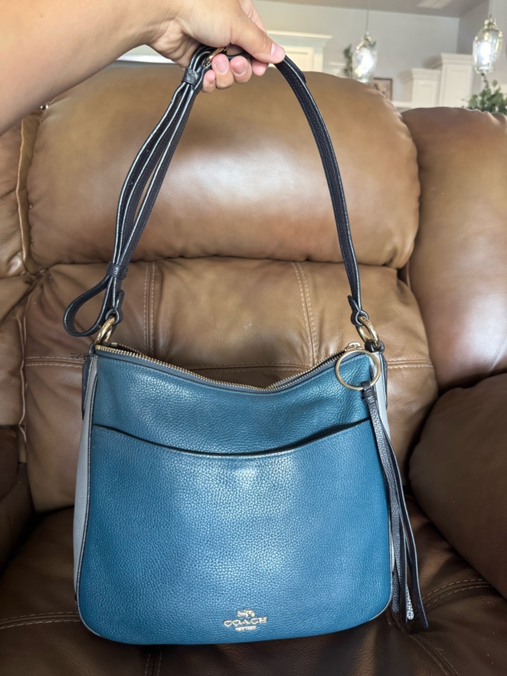 Coach Pebbled Leather Shoulder Bag in Teal with Gray Trim